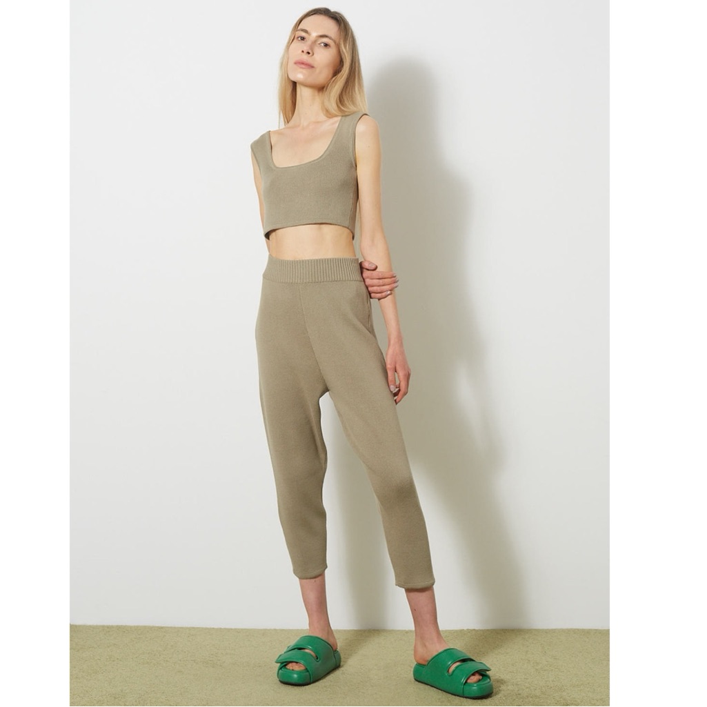 Knit High-Waist Trousers In Taupe